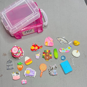 May include: A small, translucent pink plastic storage box with a white handle and a collection of colorful, miniature flat-backed charms. The charms include a shark, a turkey, a raccoon, a helicopter, a cake, a cow, a tennis racket, and a sock.