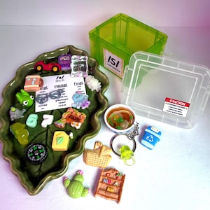 May include: A green leaf-shaped tray containing various miniature figurines including a red car, a compass, a cactus, a park sign, and a card labeled /s/ Kit 2. Beside the tray are two clear plastic storage boxes and a small bowl of soup.
