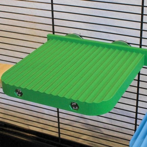 Puede incluir: Una estantería verde de plástico estriado para mascotas pequeñas, fijada a una jaula de alambre con ventosas. La estantería tiene forma rectangular con bordes redondeados y está hecha de plástico duradero. Una estantería azul es visible en el fondo.