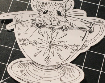 Baby Rat in a Cup - 3x Hand Drawn Matt Ink Rat Stickers