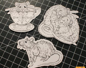 Rat Sticker Set 9x | Huggin' & Smilin' | Hand Drawn Matt Ink Rat Stickers