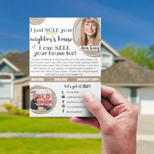Carte postale immobilière, modèle Canva, marketing immobilier, je viens de vendre le courrier de la maison de votre voisin
