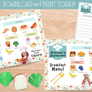 Menú de restaurante imprimible, niños pretenden jugar chef, restaurante, heladería, juego dramático para el aula, educación en casa, plantilla de menú