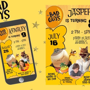 Convite de aniversário editável, convites para festa de aniversário imprimíveis no Canva, convite para festa digital, festa de aniversário, The Bad Guys
