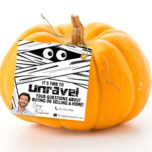 Printable Marketing Tags, Realtor Pop By Tag, Client Appreciation Mummy Halloween  Referral Fall Autumn   Real Estate  and Referrals  ,