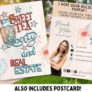 Cartão postal imobiliário de verão, modelo Canva, marketing imobiliário de verão, 4 de julho, verão, Sweet Tea Liberty e imóveis de verão