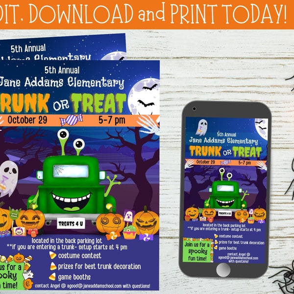 Halloween Trunk or Treat Flyer and Digital Text Invitation, Elementary Preschool Church Trunk or Treat, Instant Download, Editable, You Edit