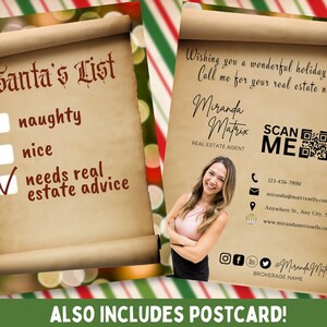 Onroerend goed ansichtkaart, Canva sjabloon, vastgoedmarketing, Santa's List onroerend goed advies makelaar ansichtkaart, kerstagent, vakantie