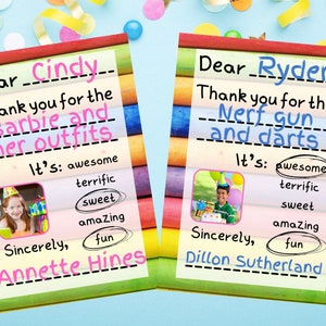 Carta de agradecimiento para niños imprimible, carta de regalo de cumpleaños, plantilla de carta para niños, rellenar el espacio en blanco, foto de cumpleaños del niño personalizada