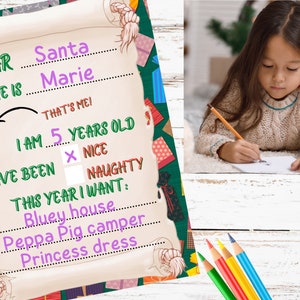 Carta de Papá Noel imprimible, Carta a Papá Noel, Plantilla de carta de Papá Noel, Lista de deseos de Navidad, Foto personalizada, Niño pequeño, Rellenar el espacio en blanco
