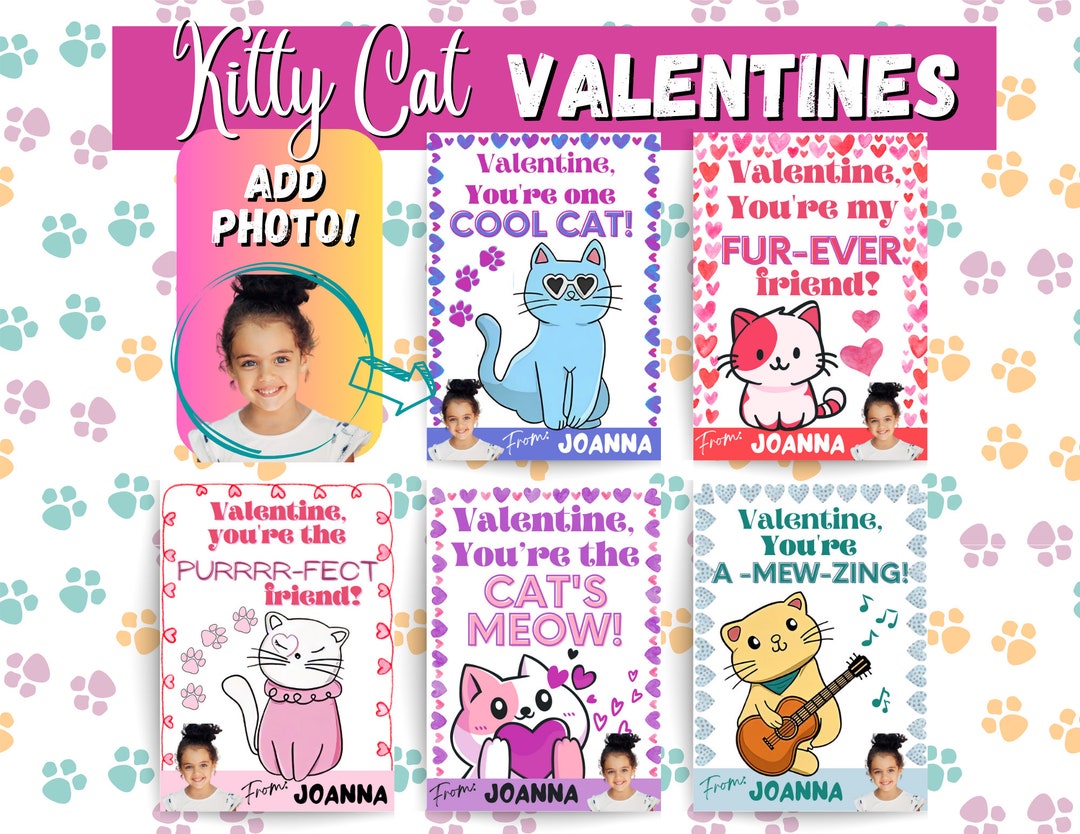 Kitty Cat Valentine, Cute Kids Valentines, Printable Valentines, Class ...