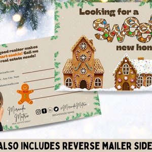 Onroerend goed ansichtkaart, Canva-sjabloon, vastgoedmarketing, Sweet Home Gingerbread Realtor Mailer, Kerstmis, december
