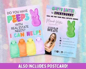 Easter Bunny Peeps, Spring Real Estate Postcard, Canva Template, Real Estate Marketing, April Realtor Mailer