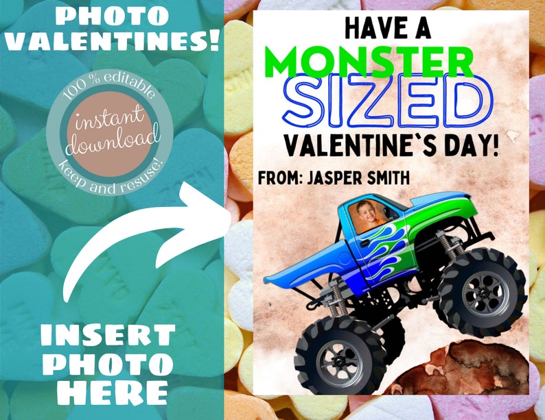 Monster Truck Valentine's Day Printable Canva Valentines | Etsy