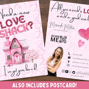 Valentines Love Shack Immobilien-Postkarte, Immobilien-Popby-Postkarte, Makler-Immobilienmarketing, Immobilienlandwirtschaft, Geschäftsmarketing