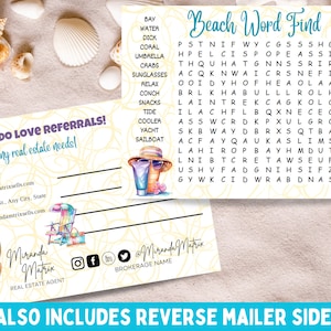 Gioco di ricerca di parole sulla spiaggia estiva, cartolina di ricerca di parole immobiliari, cartolina popby immobiliare, marketing immobiliare per agenti, agricoltura immobiliare