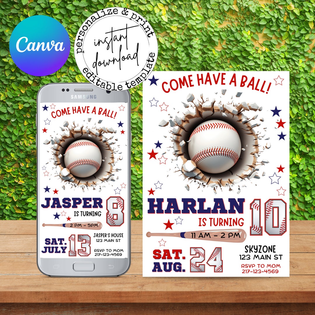 Editable Baseball Softball Birthday Invitation, Canva Printable ...