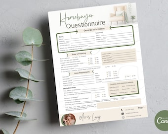 Real Estate BUYER Questionnaire, Real Estate Marketing, Realtor Tools, Real Estate Templates, HOMEBUYER Questionnaire
