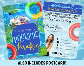 Summer Real Estate Postcard, Canva Template, Summer Real Estate Marketing, Poolside Paradise Summer Realtor