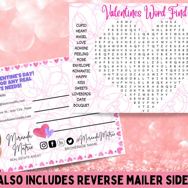 Word Search Game Valentines Word Find Real Estate Postcard, Real Estate Popby Postcard, Agent Real Estate Marketing, Real Estate Farming