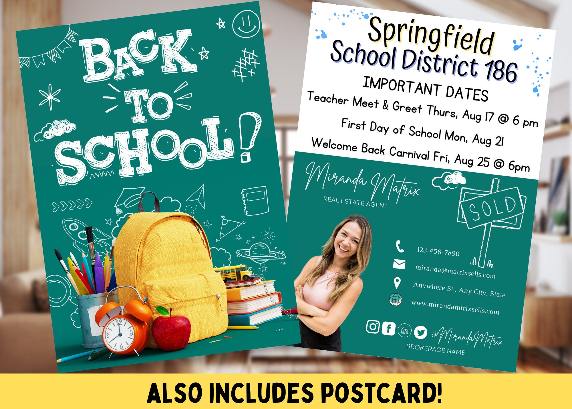 Zurück zur Schule-Immobilien-Postkarte, Canva-Vorlage, Maklermarketing, Sommer-August-Pop von, Hallo Nachbar