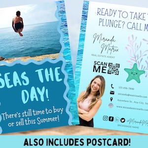 Cartolina immobiliare estiva, modello Canva, marketing immobiliare estivo, cartolina Seas the Day Summer Realtor,