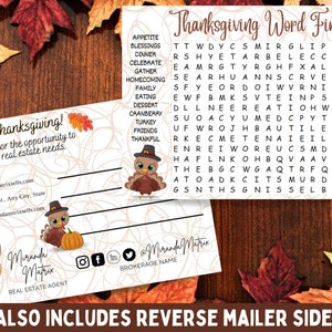 Thanksgiving Realtor Word Search Game, Word Find Real Estate Postcard, Real Estate Popby Postcard, Agent Real Estate Marketing Farming