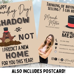 Immobilien Postkarte, Canva Vorlage, Immobilien Marketing, Murmeltier Tag Makler Mailer, Februar, Winter