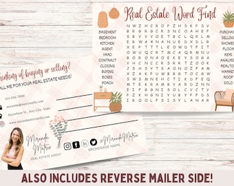 Realtor Word Search Game, Real Estate Postcard, Canva Template, Real Estate Marketing, Agent, Real Estate