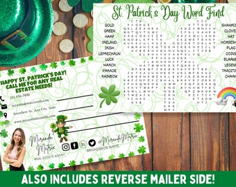 Word Search Game St Patricks Day March Word Find Real Estate Postcard, Real Estate Pop by Postcard, Agent Real Estate Marketing, Farming