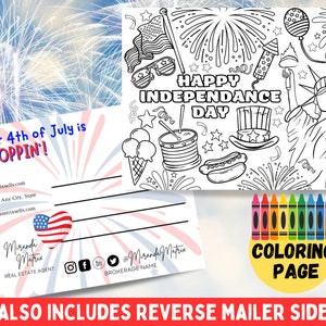 Cartolina immobiliare della pagina da colorare del 4 luglio, modello Canva, marketing immobiliare estivo, estate del 4 luglio
