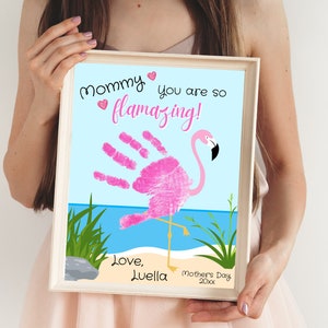 Mother&#39;s Day Flamingo Handprint Art, Handprint Craft, Gift for Mom, Handprint Keepsake