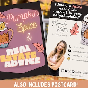 Cartolina immobiliare autunnale, modello Canva, marketing immobiliare, cartolina postale immobiliare, carta postale Pumpkin Spice