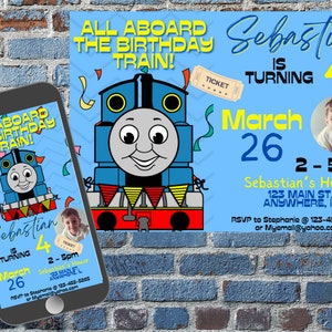 Invitación de cumpleaños editable de Thomas el tren, Invitaciones de fiesta de cumpleaños imprimibles de Canva, Invitación a fiesta digital, Fiesta de cumpleaños