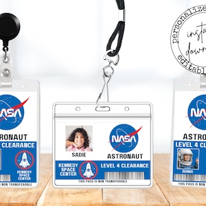 Badge imprimable d'astronaute, étiquette de fête de l'espace, cadeau d'anniversaire pour enfants, carte d'identité modifiable de fusée