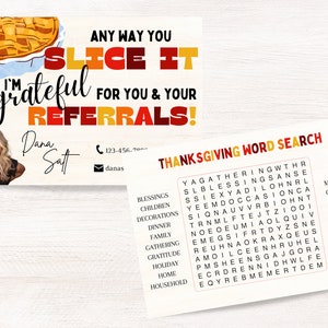 Cartão postal imobiliário, modelo Canva, marketing imobiliário, torta de ação de graças do corretor de imóveis de novembro