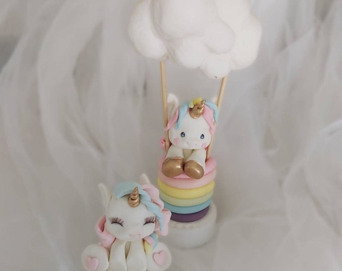 Rainbow Hot Air Balloon with Unicorn Cake Topper. Unicorn Cake Topper, Birthday cake decorations.