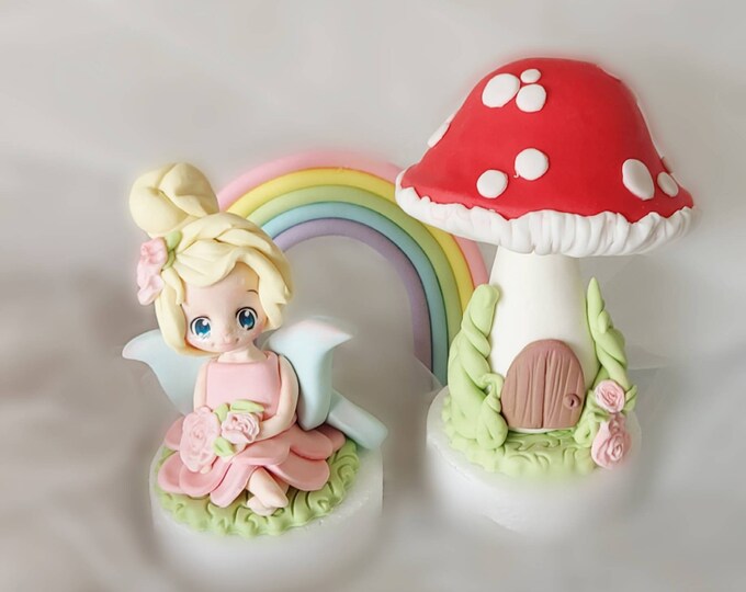 Fairy , Mushroom  and Rainbow Cake Toppers Birthday BabyShower, Christening Cake decorations. Fairytale themed cake topper.
