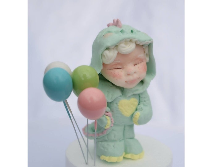 Baby Boy CAKE figurine.  Boy Dino Costum  Cake Topper for Birthday,  Babyshower.