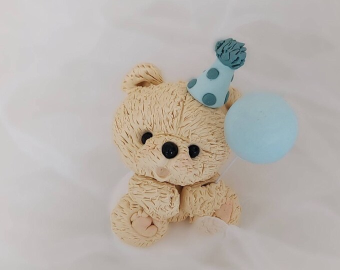 Teddy Bear Cake Topper. Teddybear with Balloon and Birthday Hat Cake decorations for Birthday or Baby shower