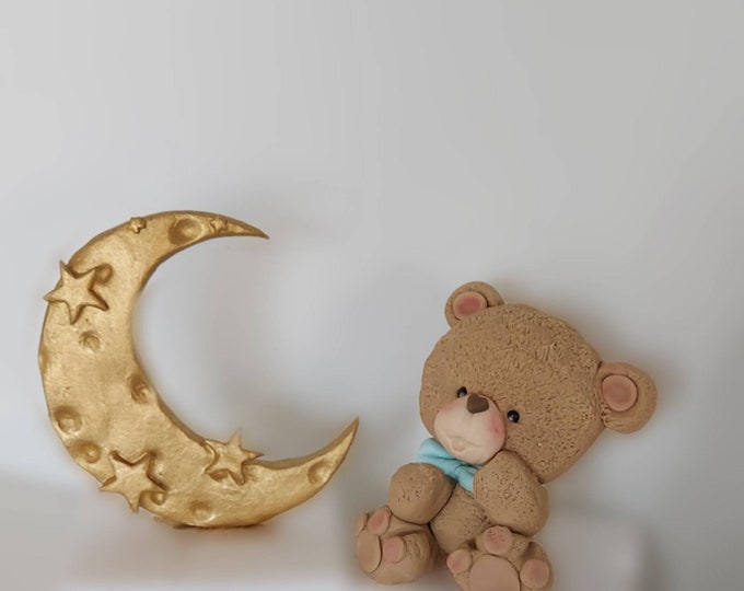 Teddy Bear with Moon Cake Topper Set. Teddy Bear Cake Topper Personalized Birthday Baby shower Christening Cake decorations.