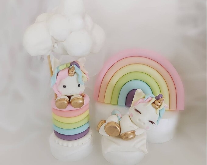 Rainbow Hot Air Balloon with Unicorn fondant cake topper Set.