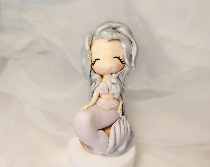 Mermaid Cake Topper. Ocean themed Cake Toppers. Mermaid with Silver Hair Cake Figures.