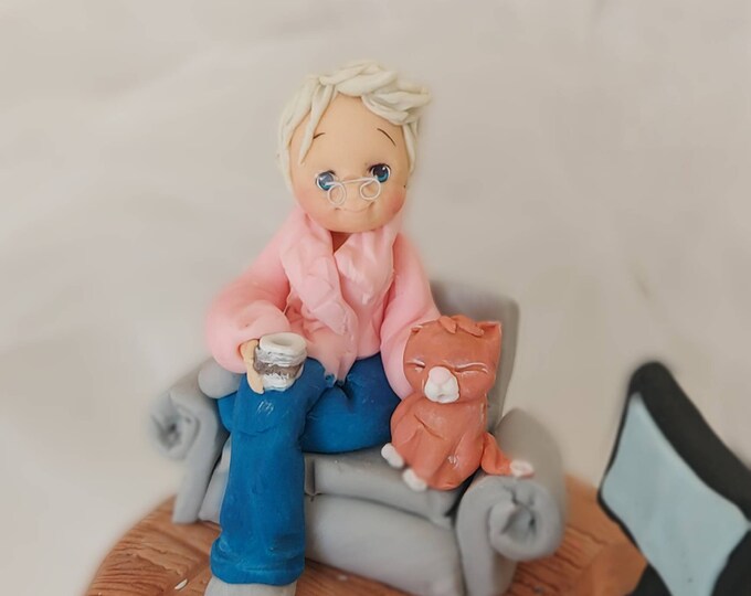 Custom Cake Figurines. Lady with cat  Cake Topper Birthday.