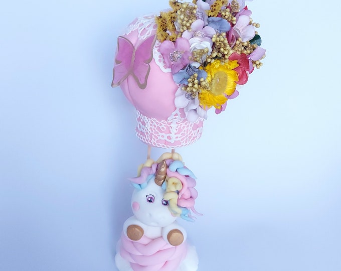 Hot Air Balloon & Unicorn Cake Topper Set. Hot Air Balloon with Flower Cake Topper.