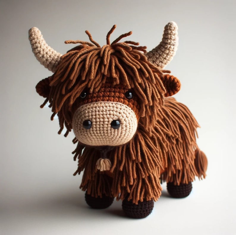 Highland Cow haakpatroon Amigurumi koe patroon digitale download DIY gehaakt speelgoed handgemaakt cadeau idee boerderij dieren gehaakte knuffel afbeelding 1