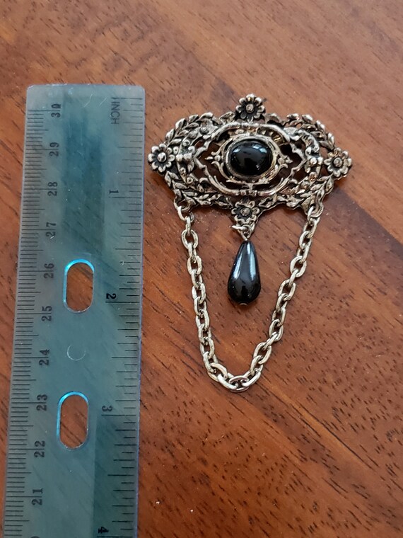 Vintage 1980s Faux Marcasite and Onyx Brooch - image 4