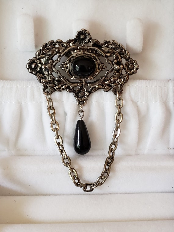 Vintage 1980s Faux Marcasite and Onyx Brooch - image 2