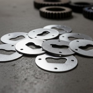 Könnte beinhalten: Eine Ansammlung silberfarbener, kreisförmiger Metallscheiben mit einem schlüssellochförmigen Ausschnitt und drei kleinen Löchern. Im Hintergrund sind mehrere Zahnräder zu sehen, was auf ein industrielles oder mechanisches Thema hindeutet.