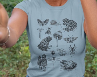 Vintage Mushrooms Fungi T Shirt, Dark Academia aesthetic, Goblincore Goth clothing, Mushroom TShirt, Frog Tshirt, Nature Insect T Shirt